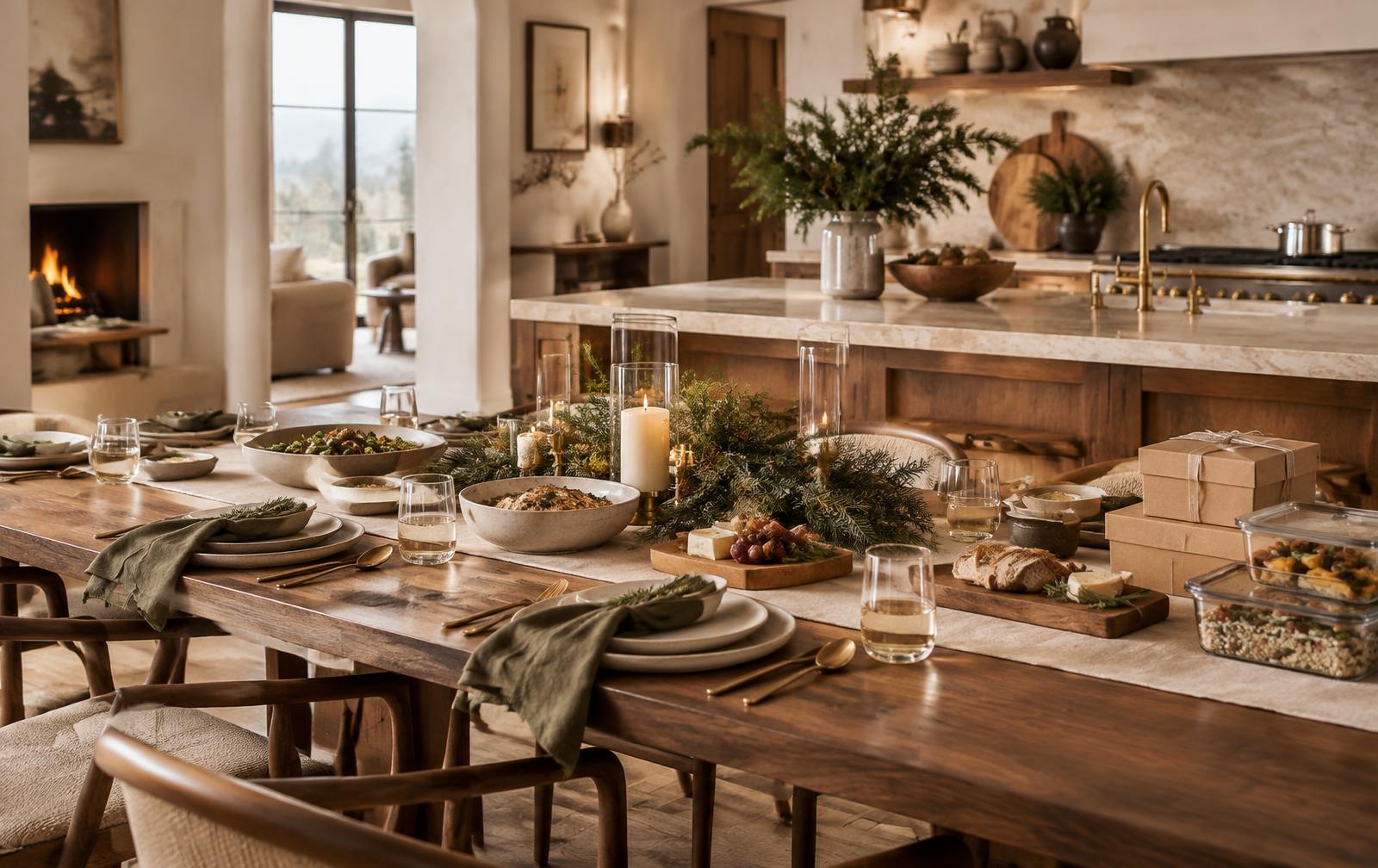 Warm holiday table set for hosting with storage and take-home essentials